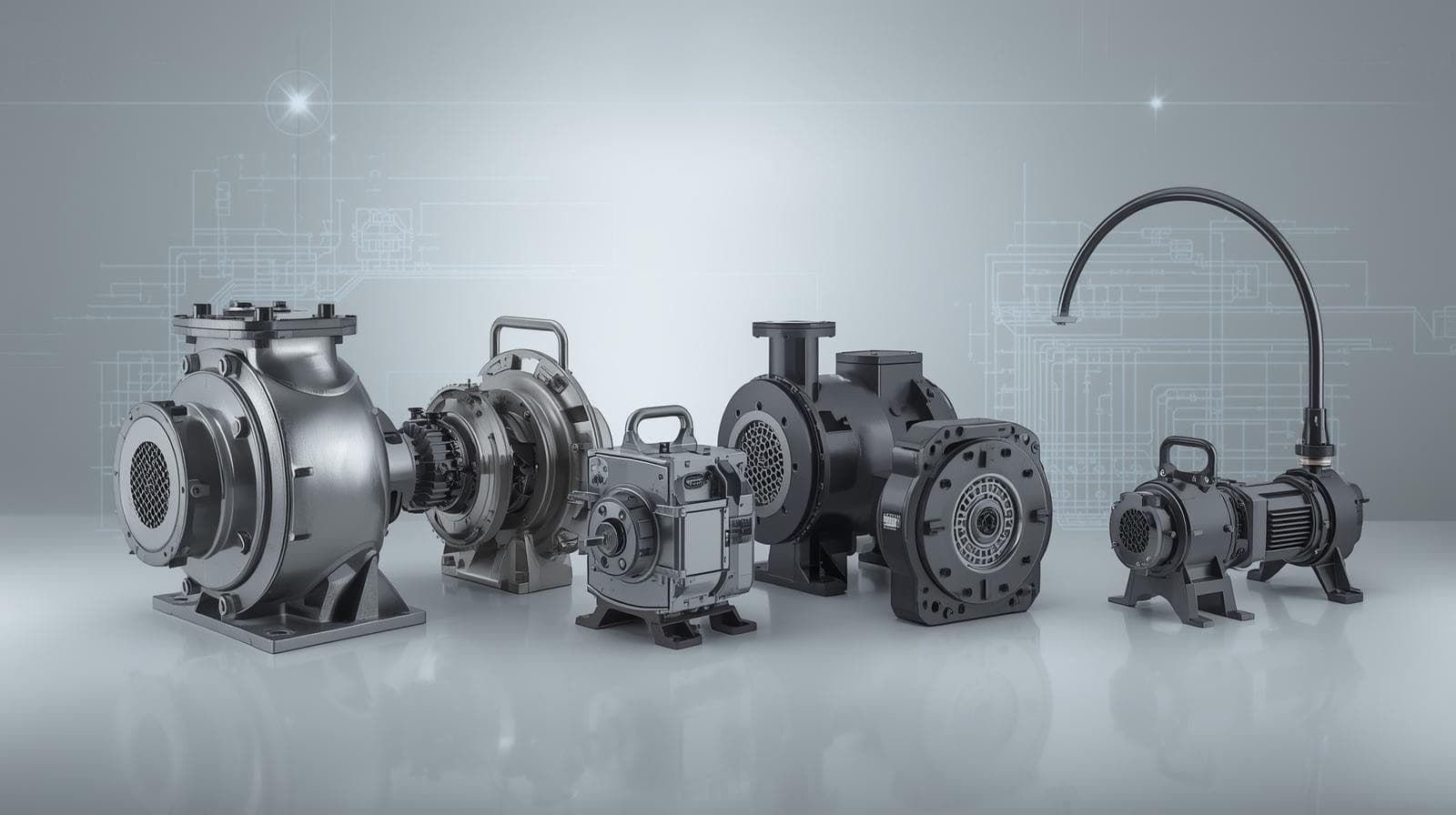 Several types of industrial pumps.